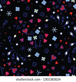 Seamless abstract pattern of hearts, flowers, curls, snowflakes, dots.