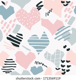 Seamless abstract pattern from hearts, geometric shapes. Organic background. Hand drawn various geometric shapes, doodle objects. Abstract contemporary modern trendy vector illustration. Stamp texture