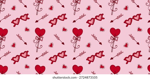Patrón abstracto sin fisuras con corazones, gafas, piruletas, flechas y arcos coquetas sobre fondo rosa. Ilustración vectorial para el papel de embalaje, embalaje, diseño de la tela