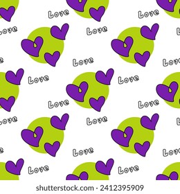 Seamless abstract pattern with  hearts, Love letters. White background. Green, purple. Vector. Valentine's Day. Designs for textile fabrics, wrapping paper, background, wallpaper, cover.