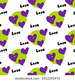 Seamless abstract pattern with  hearts, Love letters. White background. Green, purple, black. Vector. Valentine's Day. Designs for textile fabrics, wrapping paper, background, wallpaper, cover.