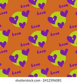 Seamless abstract pattern with hearts, Love letters. Orange background. Green, purple, black. Vector. Valentine's Day. Designs for textile fabrics, wrapping paper, background, wallpaper, cover.