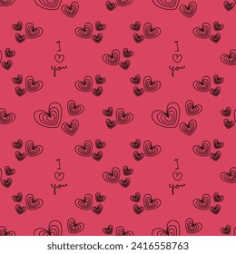 Seamless abstract pattern with hearts, I love you. Black, pink. Vector. Valentine's Day. Designs for textile fabrics, wrapping paper, background, wallpaper, cover.