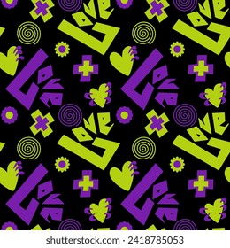 Seamless abstract pattern with hearts, Love letters, flowers, candy. Green, purple, black. Vector. Valentine's Day. Designs for textile fabrics, wrapping paper, background, wallpaper, cover.