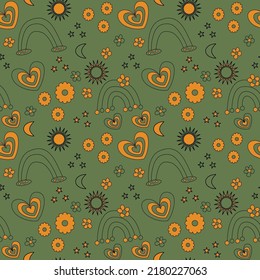 Patrón abstracto sin inconvenientes con corazones, arcos, estrellas, soles, lunas, flores. Verde, naranja, negro. Vector. Fondo groovy. Diseños para tejidos textiles, papel de envoltura, fondo, papel pintado, cubierta.