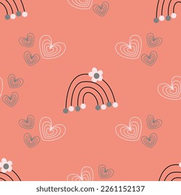 Patrón abstracto sin inconvenientes con siluetas de corazones y arcos. Fondo rosa. Gris, blanco. Vector. Día de San Valentín. Diseños para tejidos textiles, papel de envoltura, fondo, papel pintado, cubierta.