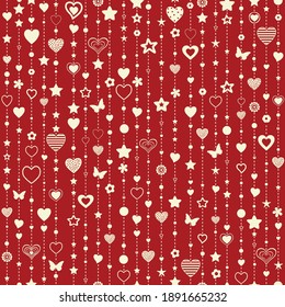 Patrón abstracto sin igual con corazones y estrellas de fondo rojo