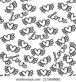 Seamless abstract pattern with hearts with wings, Love lettering. White background, black lines. Vector. Valentine's Day. Designs for textile fabrics, wrapping paper, background, wallpaper, cover.