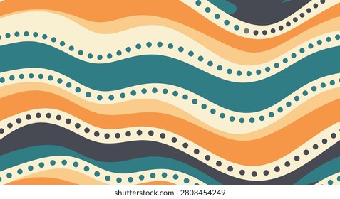 Seamless abstract pattern with horizontal wavy stripes in teal, orange, cream, and charcoal, featuring decorative dotted line accents and a retro 1970s aesthetic for textile design.