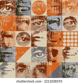 Seamless abstract pattern with human eyes and mouths expressing various emotions-serious, smiling, dreamy. Colored vector background in retro style. Suitable for Wallpaper, wrapping paper, fabric