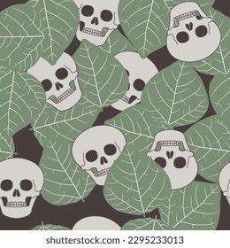 Seamless abstract pattern with human skulls and tree leaves. 