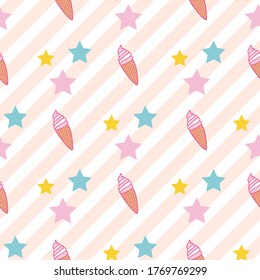 Seamless abstract pattern ice cream and colorful stars on striped background