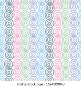 Seamless abstract pattern. The illustration depicts rows of circles of pink, green, blue, gray, purple. Delicate, pastel shades on a white background. For printed products, textiles. Vector graphics.