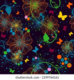 Seamless abstract pattern with the image of a flower ornament on a black background. Vector illustration