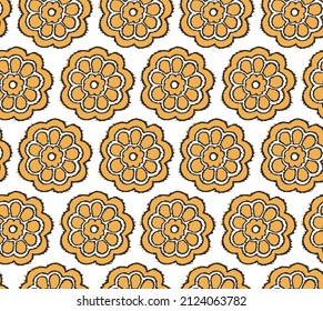 Seamless abstract pattern with the image of ikat flowers. Seamless geometric ornamental vector pattern, golden yellow ikat Seamless floral pattern. 