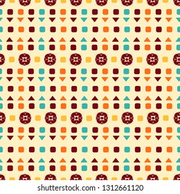 Seamless abstract pattern with the image of the ornament of squares, triangles and flowers.

