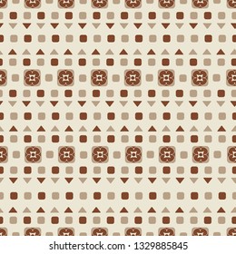 Seamless abstract pattern with the image of the ornament of squares, triangles and flowers.
