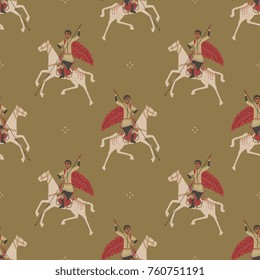 Seamless abstract pattern with images of Saint George. Based on old Russian icon style.