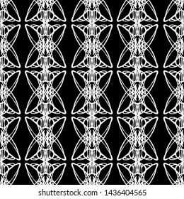 Seamless abstract pattern. Imitation lace. White lace on black background. Black and white graphics. For design and decoration of fabric, paper, Wallpaper and packaging.Mesh pattern.