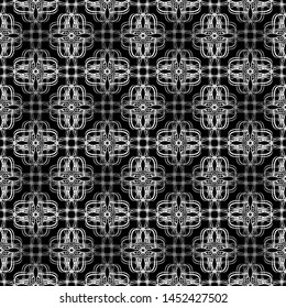 Seamless abstract pattern. Imitation lace. White lace on black background. Black and white graphics. For design and decoration of fabric, paper, Wallpaper and packaging.Mesh pattern.Layered pattern.