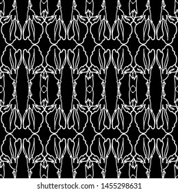 Seamless abstract pattern. Imitation lace. White lace on black background. Black and white graphics. For design and decoration of fabric, paper, Wallpaper and packaging.Mesh pattern.
