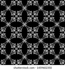 Seamless abstract pattern. Imitation lace. White lace on black background. Black and white graphics. For design and decoration of fabric, paper, Wallpaper and packaging.Mesh pattern.