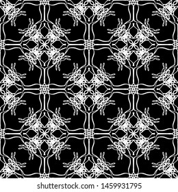 Seamless abstract pattern. Imitation lace. White lace on black background. Black and white graphics. For design and decoration of fabric, paper, Wallpaper and packaging.Mesh pattern.