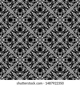 Seamless abstract pattern. Imitation lace. White lace on black background. Black and white graphics. For design and decoration of fabric, paper, Wallpaper and packaging.Mesh pattern.
