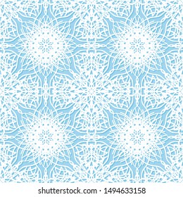 Seamless abstract pattern. Imitation lace. White lace on blue background. Delicate color. For design and decoration of fabric, paper, Wallpaper and packaging.Grid pattern.