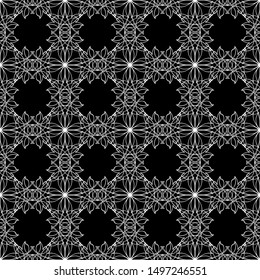 Seamless abstract pattern. Imitation lace. White lace on black background. Black and white graphics. For design and decoration of fabric, paper, Wallpaper and packaging.Mesh pattern.