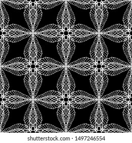 Seamless abstract pattern. Imitation lace. White lace on black background. Black and white graphics. For design and decoration of fabric, paper, Wallpaper and packaging.Mesh pattern.