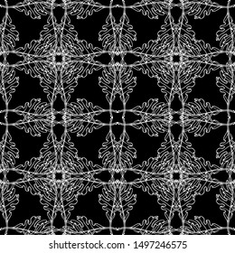 Seamless abstract pattern. Imitation lace. White lace on black background. Black and white graphics. For design and decoration of fabric, paper, Wallpaper and packaging.Mesh pattern.