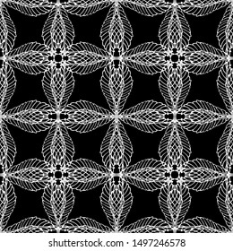Seamless abstract pattern. Imitation lace. White lace on black background. Black and white graphics. For design and decoration of fabric, paper, Wallpaper and packaging.Mesh pattern.