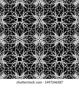 Seamless abstract pattern. Imitation lace. White lace on black background. Black and white graphics. For design and decoration of fabric, paper, Wallpaper and packaging.Mesh pattern.