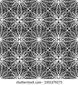 Seamless abstract pattern. Imitation lace. White lace on black background. Black and white graphics. For design and decoration of fabric, paper, Wallpaper and packaging.Mesh pattern.