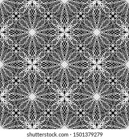 Seamless abstract pattern. Imitation lace. White lace on black background. Black and white graphics. For design and decoration of fabric, paper, Wallpaper and packaging.Mesh pattern.