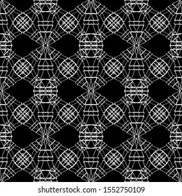 Seamless abstract pattern. Imitation lace. White lace on black background. Black and white graphics. For design and decoration of fabric, paper, Wallpaper and packaging.Mesh pattern.Layered pattern.