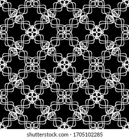 Seamless abstract pattern. Imitation lace. White lace on black background. Black and white graphics. For design and decoration of fabric, paper, Wallpaper and packaging.Mesh pattern. 