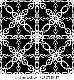 Patrón abstracto sin inconvenientes. Lugar de imitación. Lazo blanco sobre fondo negro. Gráficos en blanco y negro. Para el diseño y la decoración de tela, papel, papel pintado y embalaje.Diseño de malla.