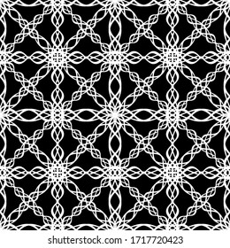 Seamless abstract pattern. Imitation lace. White lace on black background. Black and white graphics. For design and decoration of fabric, paper, Wallpaper and packaging.Mesh pattern.