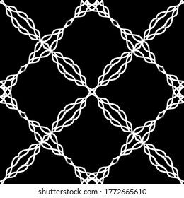 Patrón abstracto sin inconvenientes. Imitación de encaje. Lazo blanco sobre fondo negro. Gráficos en blanco y negro. Para el diseño y la decoración de tela, papel, papel pintado y embalaje.Patrón de malla. 