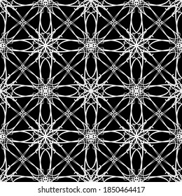 Patrón abstracto sin inconvenientes. Imitación de encaje. Lazo blanco sobre fondo negro. Gráficos en blanco y negro. Para el diseño y la decoración de tela, papel, papel pintado y embalaje.Patrón de malla.