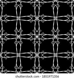 Patrón abstracto sin inconvenientes. Imitación de encaje. Lazo blanco sobre fondo negro. Gráficos en blanco y negro. Para el diseño y la decoración de tela, papel, papel pintado y embalaje.Patrón de malla.