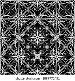 Seamless abstract pattern. Imitation lace. White lace on black background. Black and white graphics. For design and decoration of fabric, paper, Wallpaper and packaging.Mesh pattern.