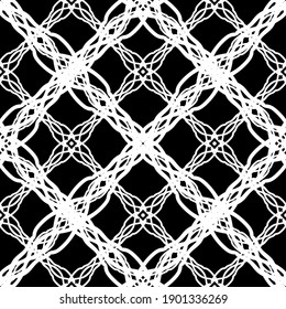Nahtlose abstrakte Muster. Nachahmung. Weiße Spitzen auf schwarzem Hintergrund. Schwarz-Weiß-Grafik. Für Design und Dekoration von Stoff, Papier, Tapete und Verpackung.Mesh Muster.