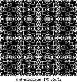 Nahtlose abstrakte Muster. Nachahmung. Weiße Spitzen auf schwarzem Hintergrund. Schwarz-Weiß-Grafik. Für Design und Dekoration von Stoff, Papier, Tapete und Verpackung.Mesh Muster.