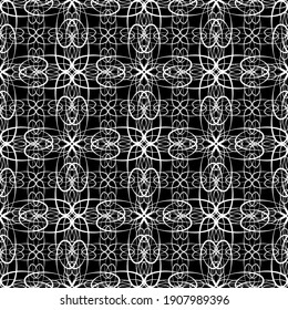 Seamless abstract pattern. Imitation lace. White lace on black background. Black and white graphics. For design and decoration of fabric, paper, Wallpaper and packaging.Mesh pattern.