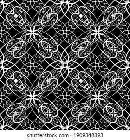 Patrón abstracto sin inconvenientes. Imitación de encaje. Lazo blanco sobre fondo negro. Gráficos en blanco y negro. Para el diseño y la decoración de tela, papel, papel pintado y embalaje.Patrón de malla.