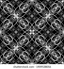 Patrón abstracto sin inconvenientes. Imitación de encaje. Lazo blanco sobre fondo negro. Gráficos en blanco y negro. Para el diseño y la decoración de tela, papel, papel pintado y embalaje.Patrón de malla.