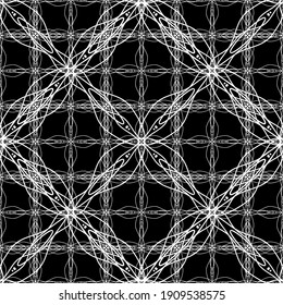 Seamless abstract pattern. Imitation lace. White lace on black background. Black and white graphics. For design and decoration of fabric, paper, Wallpaper and packaging.Mesh pattern.
